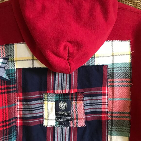 Upcycled Patchwork Hoodie, Size Medium: Red Plaid, Star Appliqués, Grunge Style - Picture 11 of 13